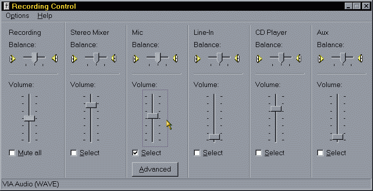 Recording control, showing Microphone volume